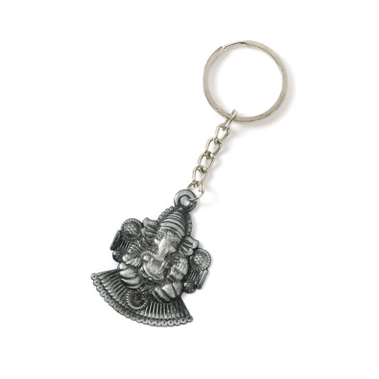 Silver Lord Ganesha sitting design keychain by Wukusy, featuring detailed Ganesha figure on a keychain.