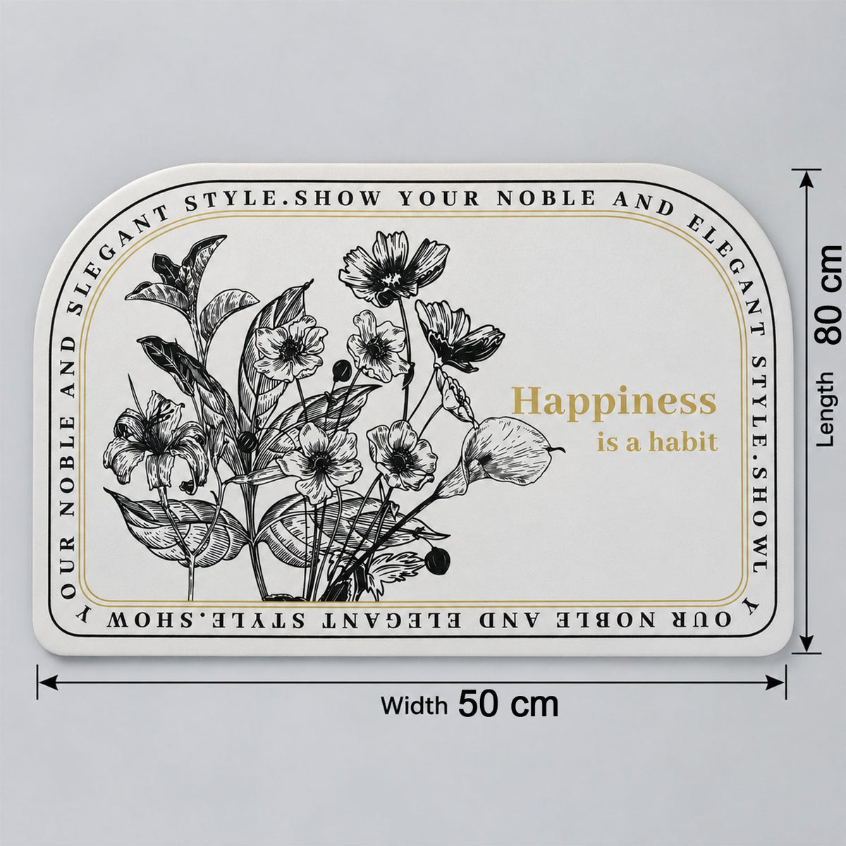 Wukusy absorbent half-round bathroom mat with botanical quote print, 50x80 cm, featuring a natural leaf design on soft fabric.