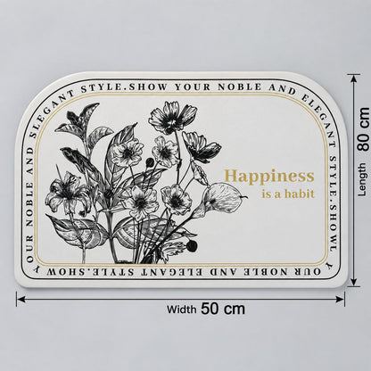 Wukusy absorbent half-round bathroom mat with botanical quote print, 50x80 cm, featuring a natural leaf design on soft fabric.