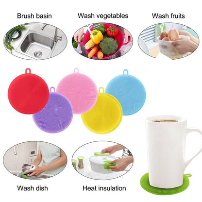 Wukusy silicone dish scrubber sponge with non-stick, mildew-free, heat-resistant design for effective kitchen cleaning.