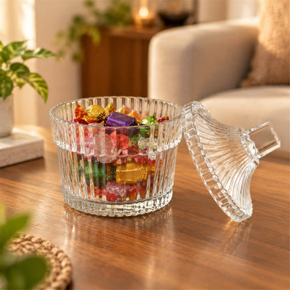 Wukusy crystal clear candy jar with lid, ribbed design, perfect for storing dry fruit and sweets in kitchen or pantry.