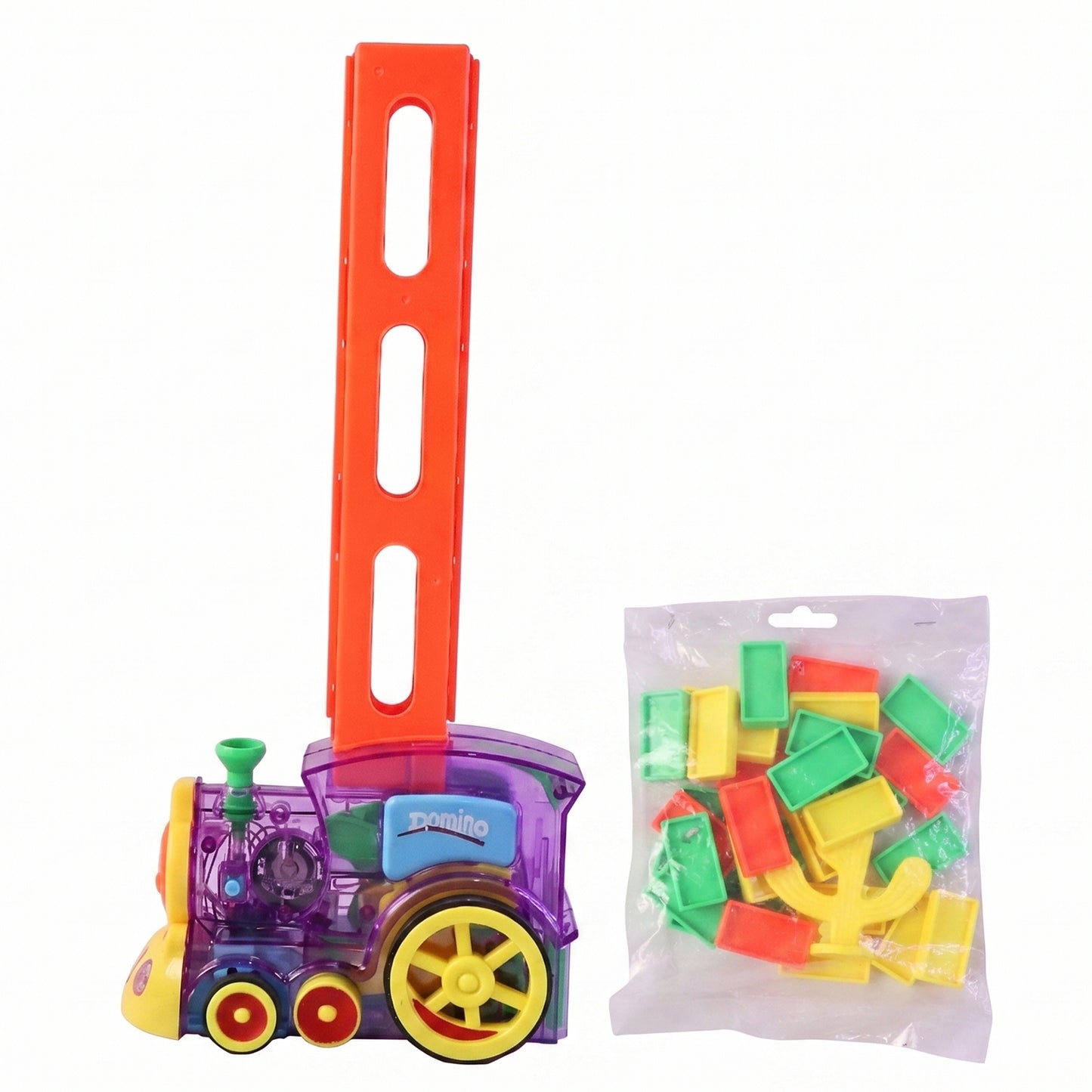 Wukusy automatic domino laying train engine toy with lights and music for kids, showcasing colorful train with moving parts and musical features.