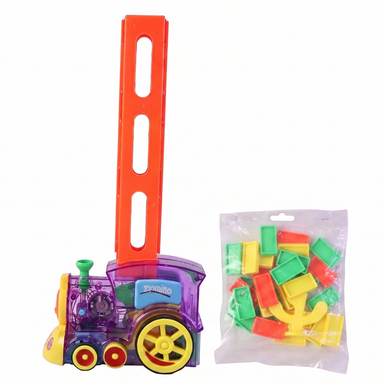 Wukusy automatic domino laying train engine toy with lights and music for kids, showcasing colorful train with moving parts and musical features.