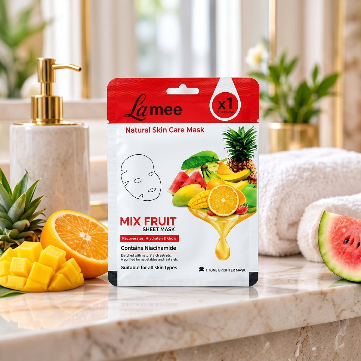 Wukusy mix fruit facial sheet mask with niacinamide, showing a sheet mask infused with fruit extracts for hydrating skin care.