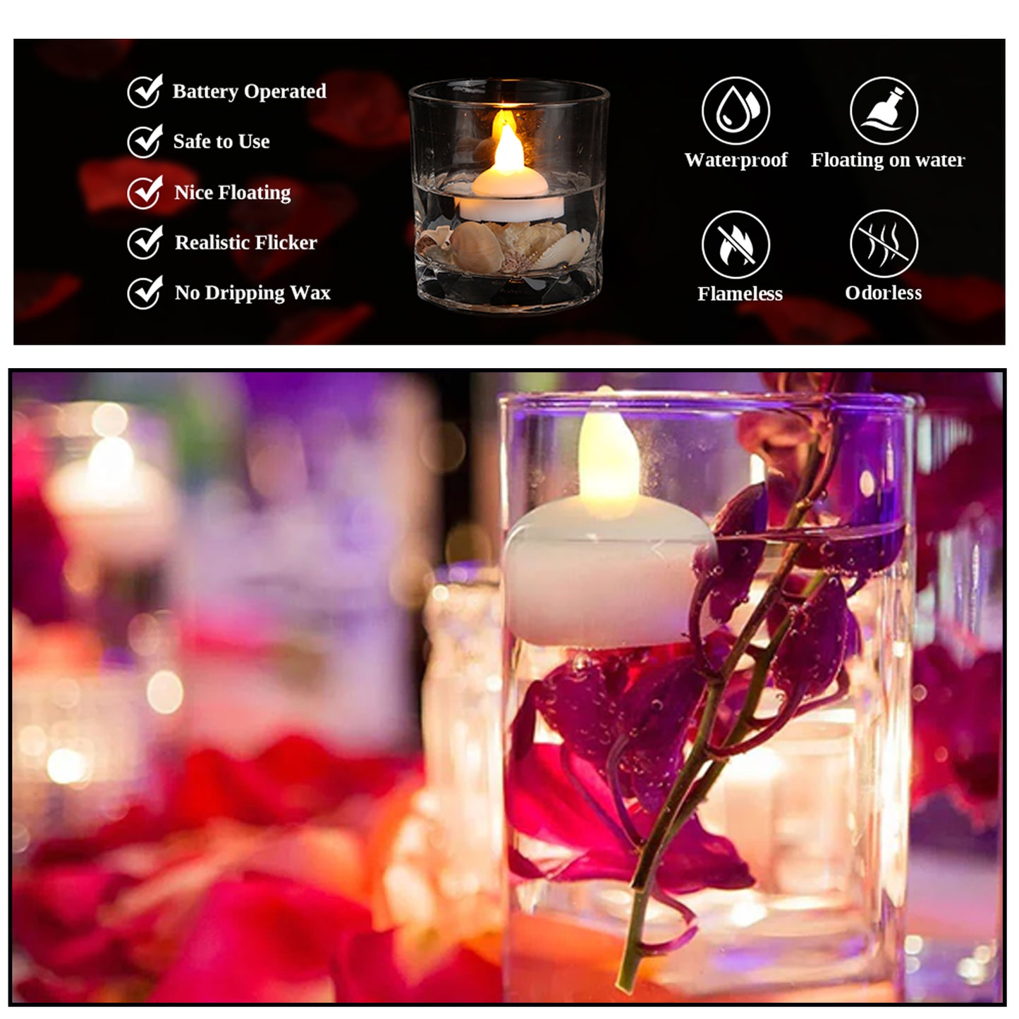Set of 12 Wukusy flameless floating candles, battery-operated tea lights for decorative wedding and home decor.