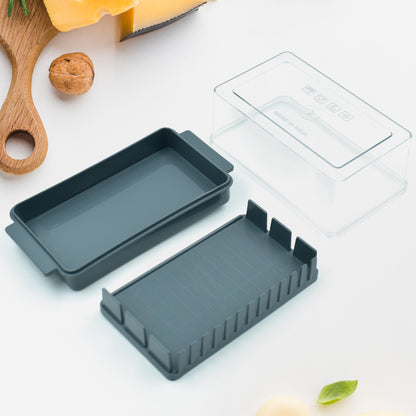Wukusy butter storage box with slicer, transparent plastic container with lid and built-in cutter for easy butter slicing and storage.