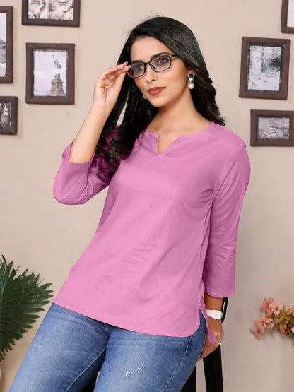 Baby Pink Cotton Round V-Neck Neck Hip Length 3/4 Sleeve Tunic For Women