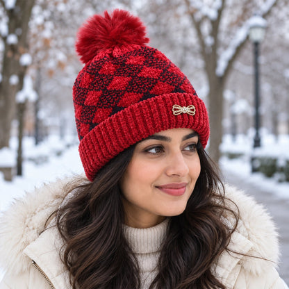 Wukusy soft knitted winter beanie cap with pom pom and inner lining, featuring a cozy, warm design for cold weather.