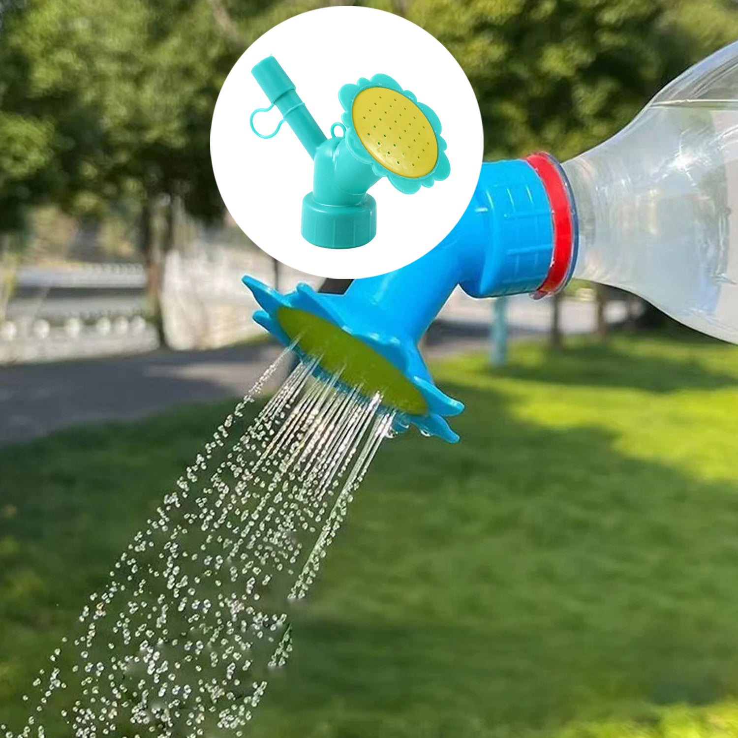 Wukusy universal plastic water bottle sprinkler head nozzle attached to a water bottle for garden watering.