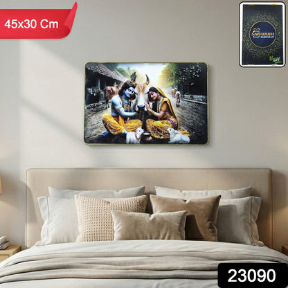 Peaceful Radha Krishna Village Scene Wall Art Frame (1 Pc 45x30 Cm)