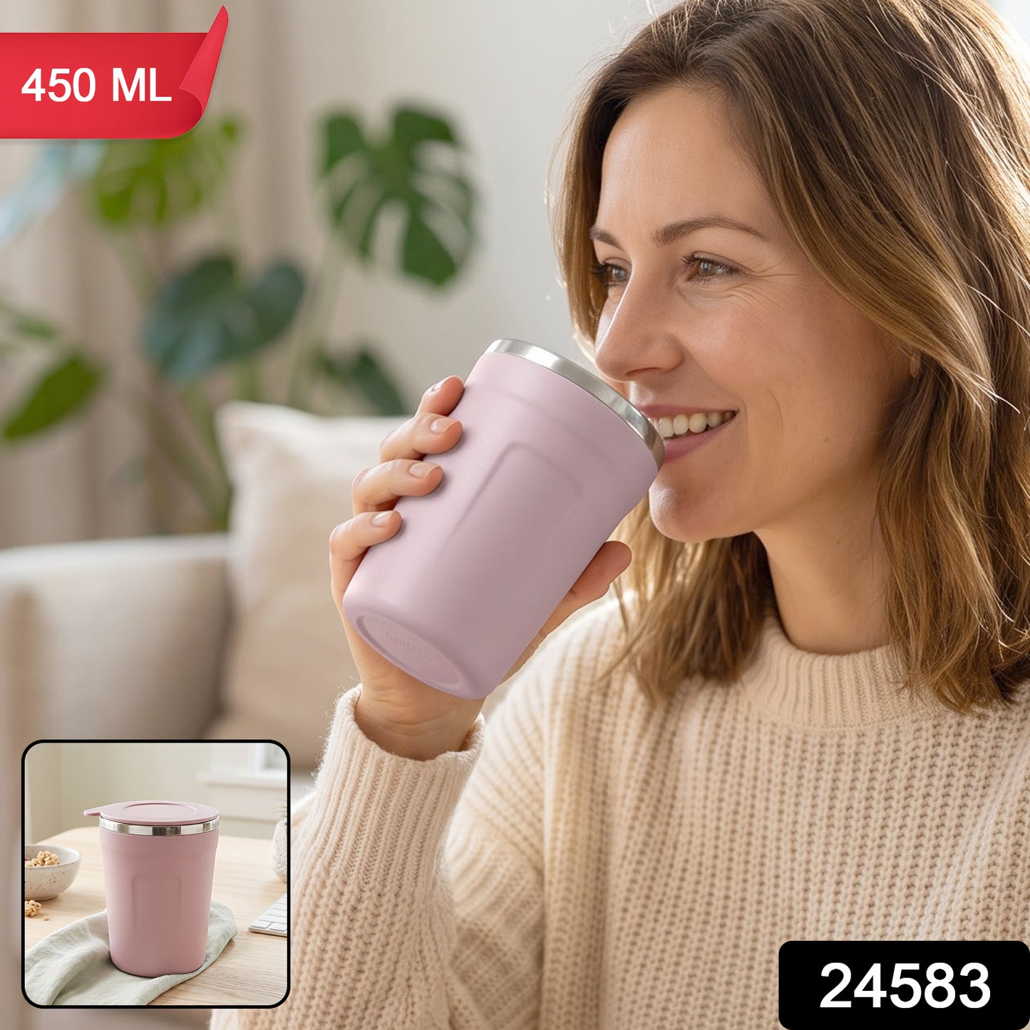 Apex Cozy Coffee Mug 450 Ml With Lid And Steel Rim For Desk Use (1 Pc)