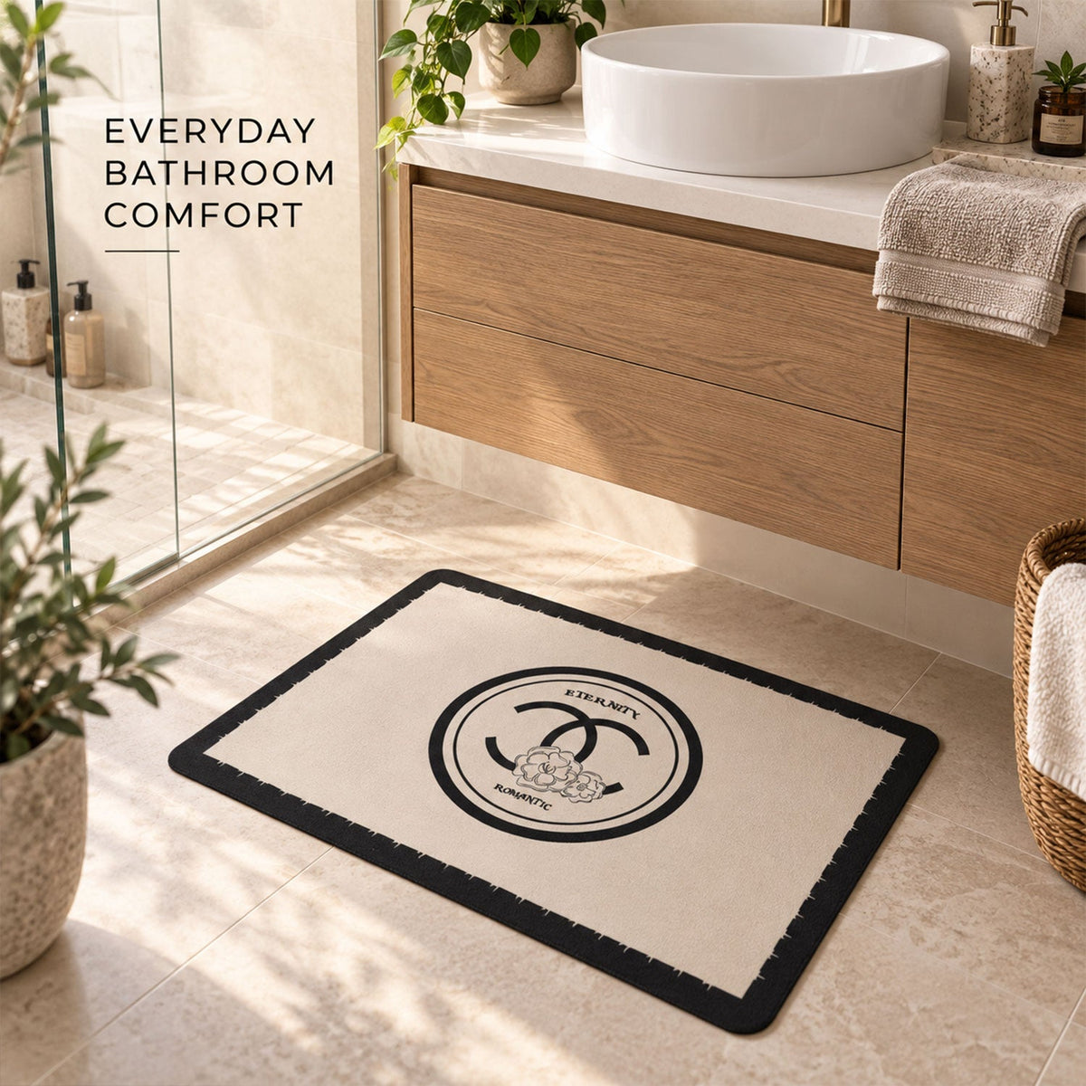 Black and cream textured bath mat by Wukusy, soft and absorbent floor rug, 40x30 cm for bathroom decor and comfort.