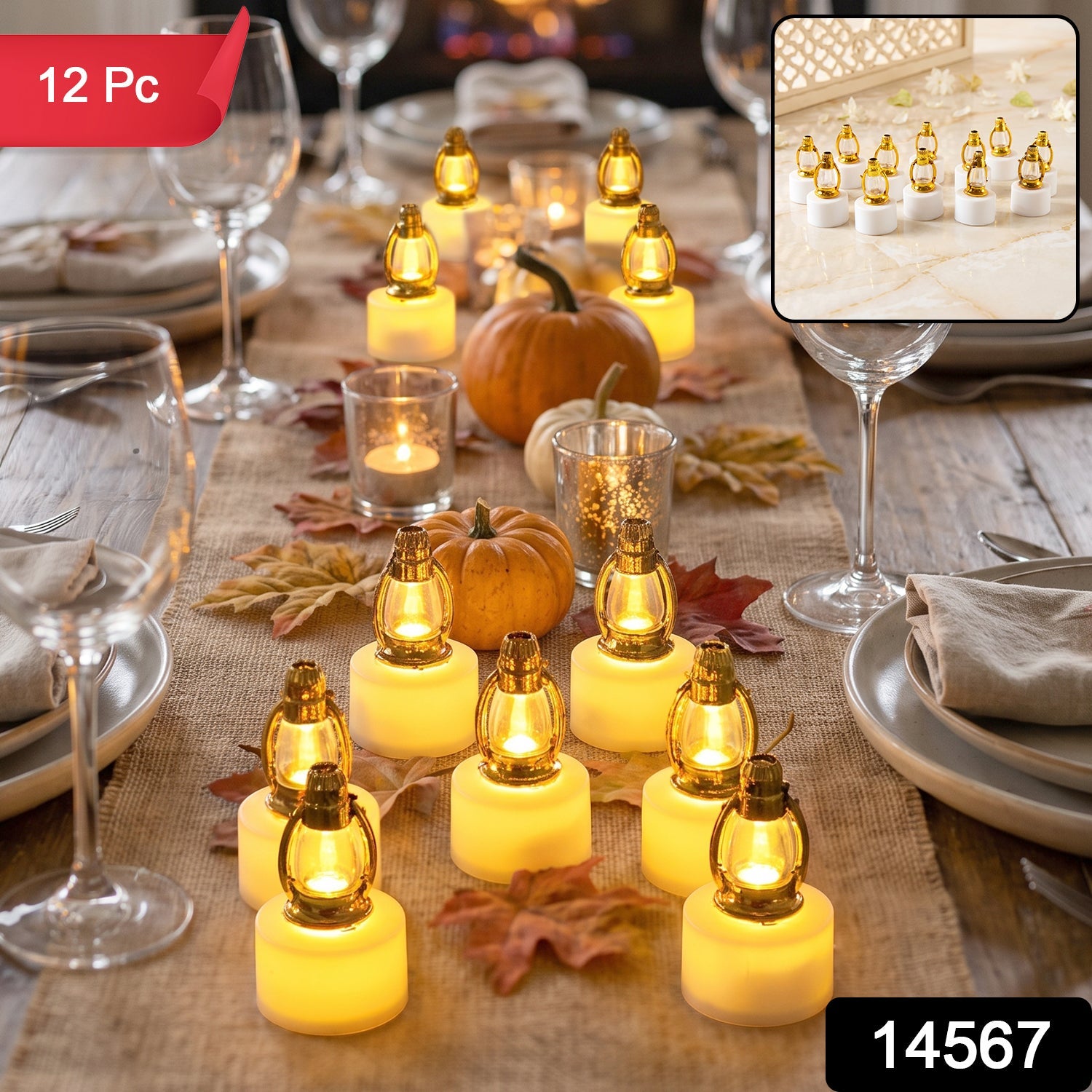 Set of 12 Wukusy Golden Lantern LED decorative candle lamps for home and Diwali decor, featuring elegant, glowing lantern designs.