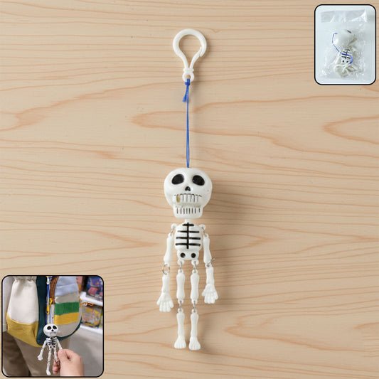Wukusy hanging skeleton doll keychain featuring a detailed, spooky skeleton design on a silver keyring.