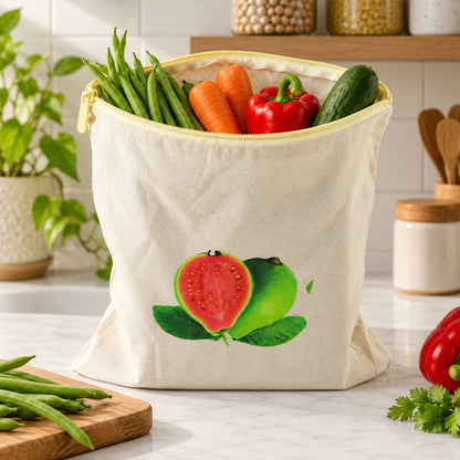 Reusable Wukusy cotton fruit and vegetable storage bag with zip, 29x28.5 cm, showing the breathable fabric and zip closure.