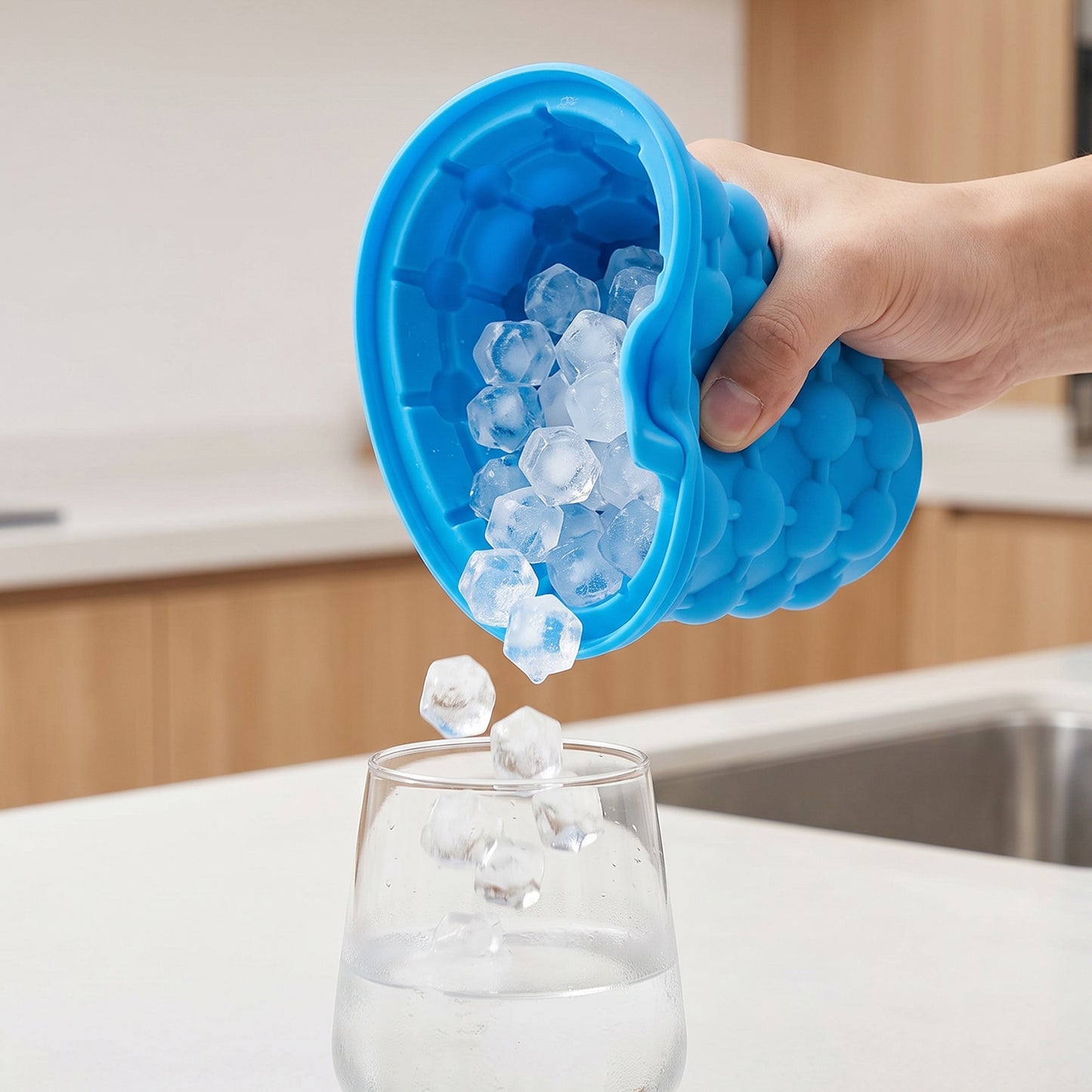 Wukusy silicone ice cube maker cup with lid, squeeze to pop mold for easy ice cube removal, space-saving design.