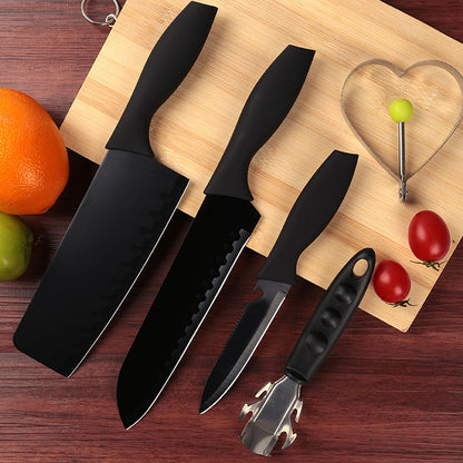 Wukusy 5-piece forged stainless steel kitchen knife set with chef, utility, and butcher knives on a wooden cutting board.
