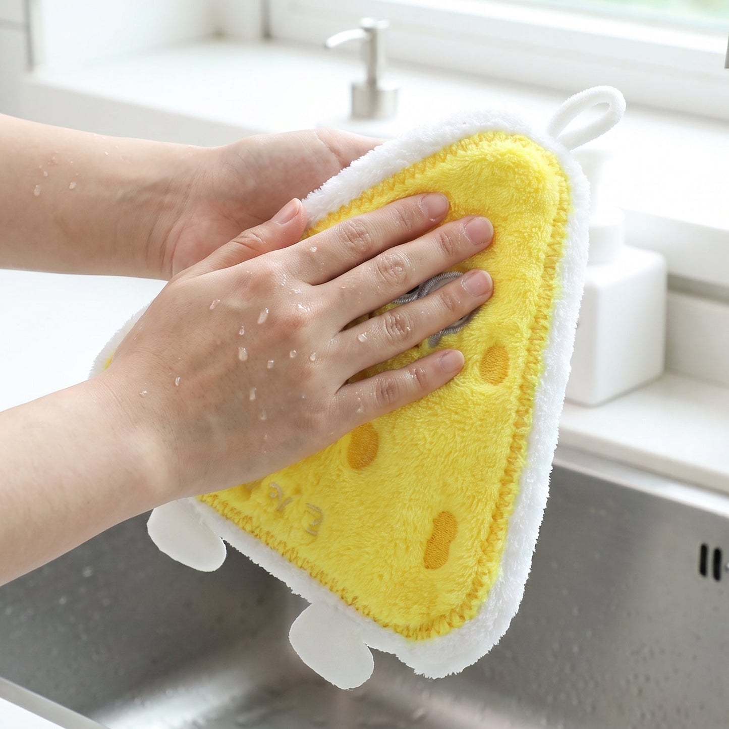 Wukusy cartoon microfiber hanging hand towel with quick-dry kitchen wipe cloth, featuring colorful cartoon design and hanging loop.