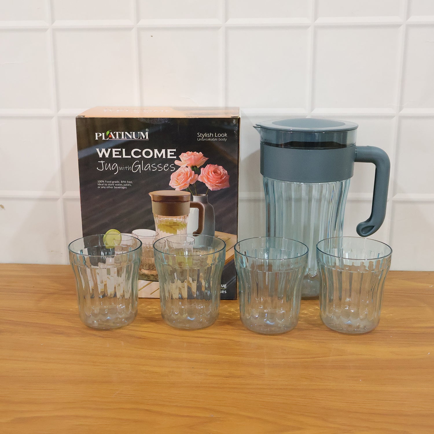 Multipurpose Plastic Water Juice Serving Jug With 4 Drinking Glasses Set (1 Set)