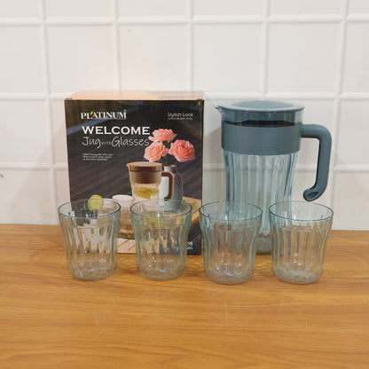 Multipurpose Plastic Water Juice Serving Jug With 4 Drinking Glasses Set (1 Set)