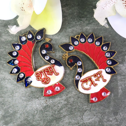 Decorative Peacock Design Shubh Labh Wall Hanging (2 Pc)