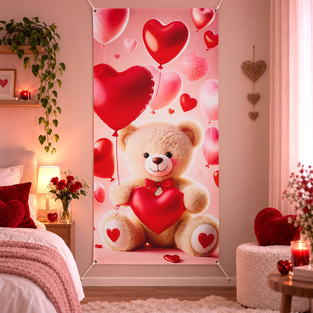 Wukusy teddy bear and heart backdrop curtain for romantic party decoration, 210x100 cm, featuring plush teddy bear and heart design.