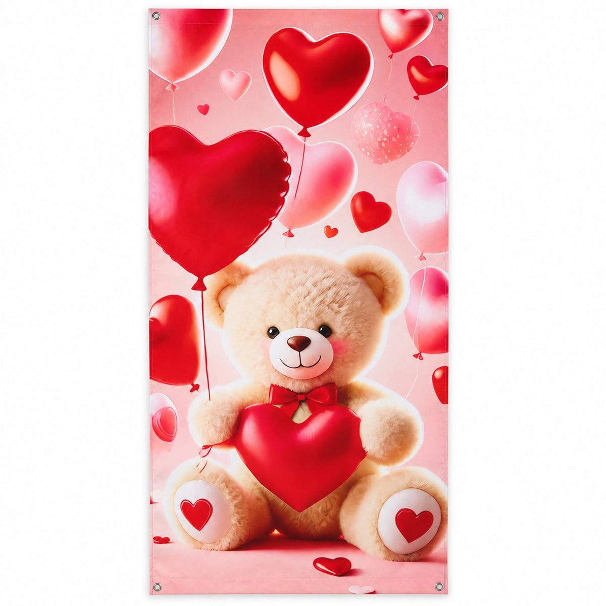 Wukusy teddy bear and heart backdrop curtain for romantic parties, 210x100 cm, featuring plush teddy bear and heart decorations.