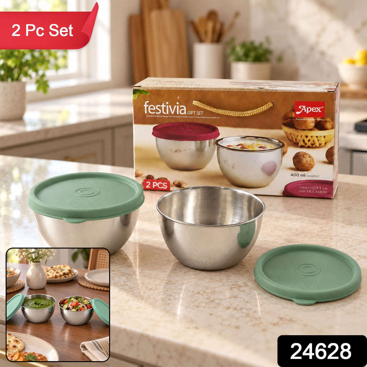 Wukusy Apex stainless steel container set with 400 ml capacity and lids, ideal for kitchen storage, 2-piece gift set.
