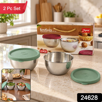 Wukusy Apex stainless steel container set with 400 ml capacity and lids, ideal for kitchen storage, 2-piece gift set.