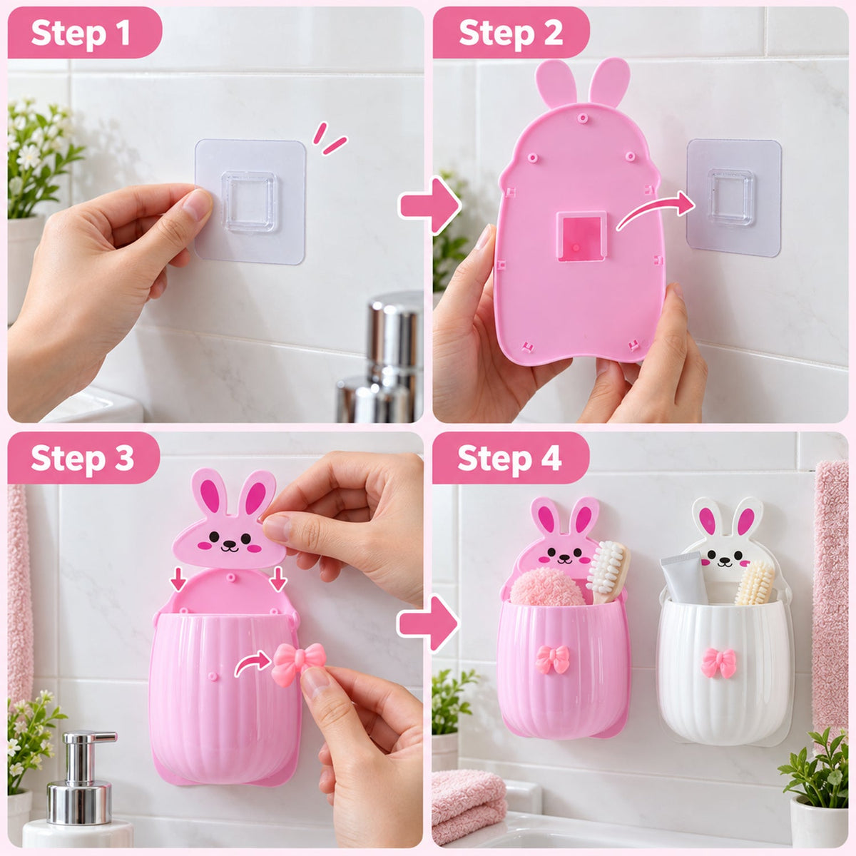 Wukusy rabbit design wall-mounted toothbrush holder set for bathroom storage, includes two ceramic holders with playful rabbit motifs.