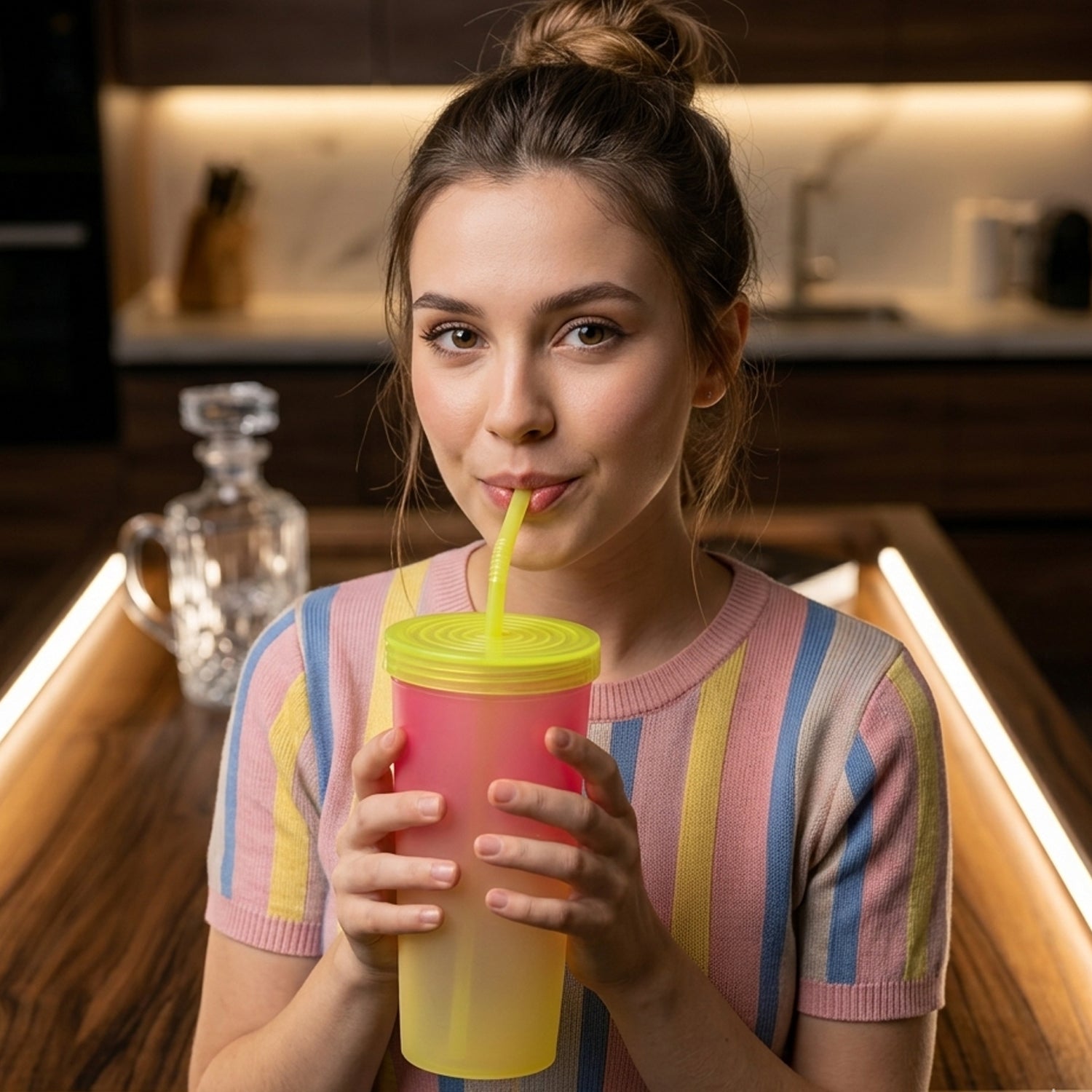 Gradient Plastic Drinking Tumbler Cup With Lid And Straw 400 Ml Approx