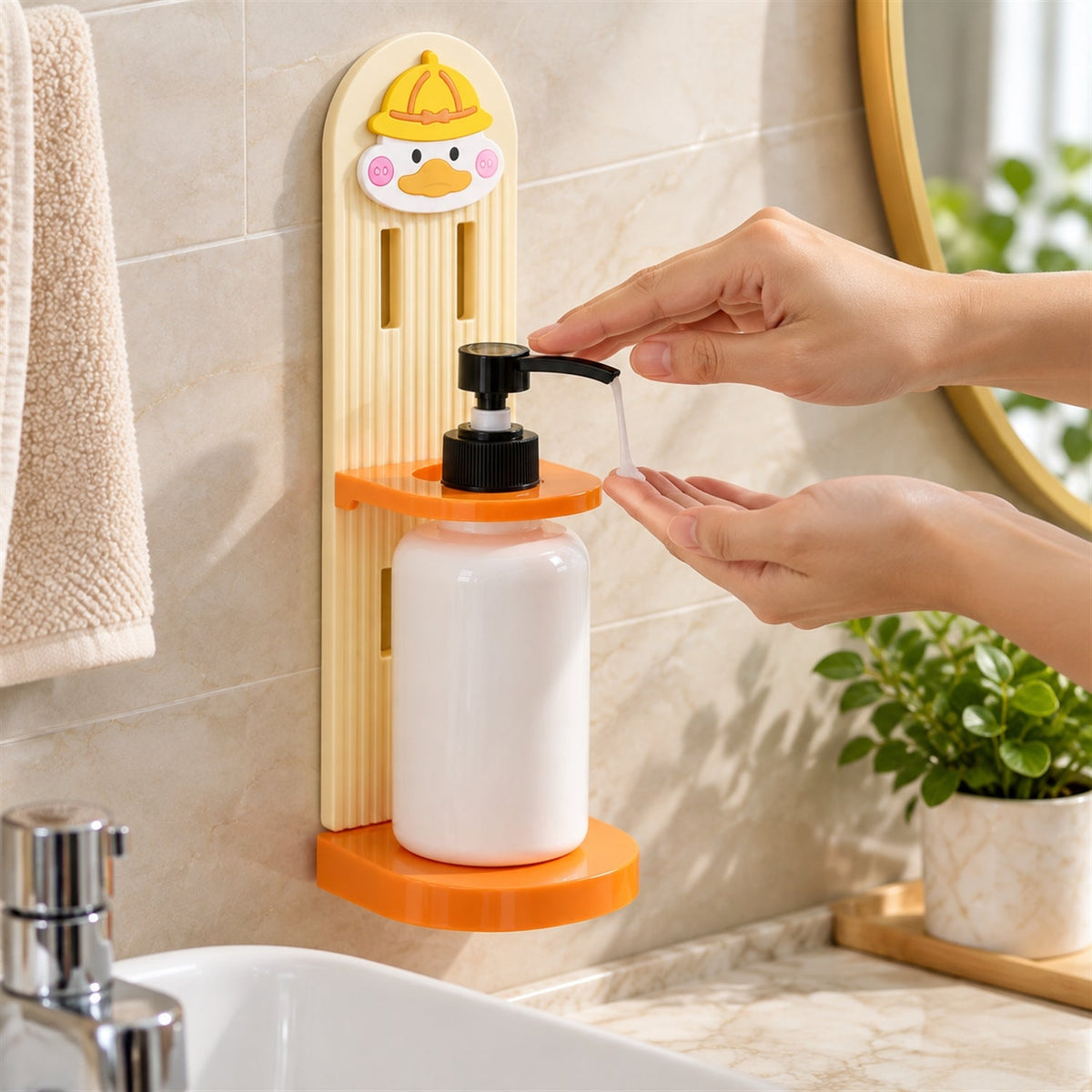 Wall-mounted Wukusy bottle storage rack with adjustable collar, ideal for bath or sink organization, shown mounted on a wall.