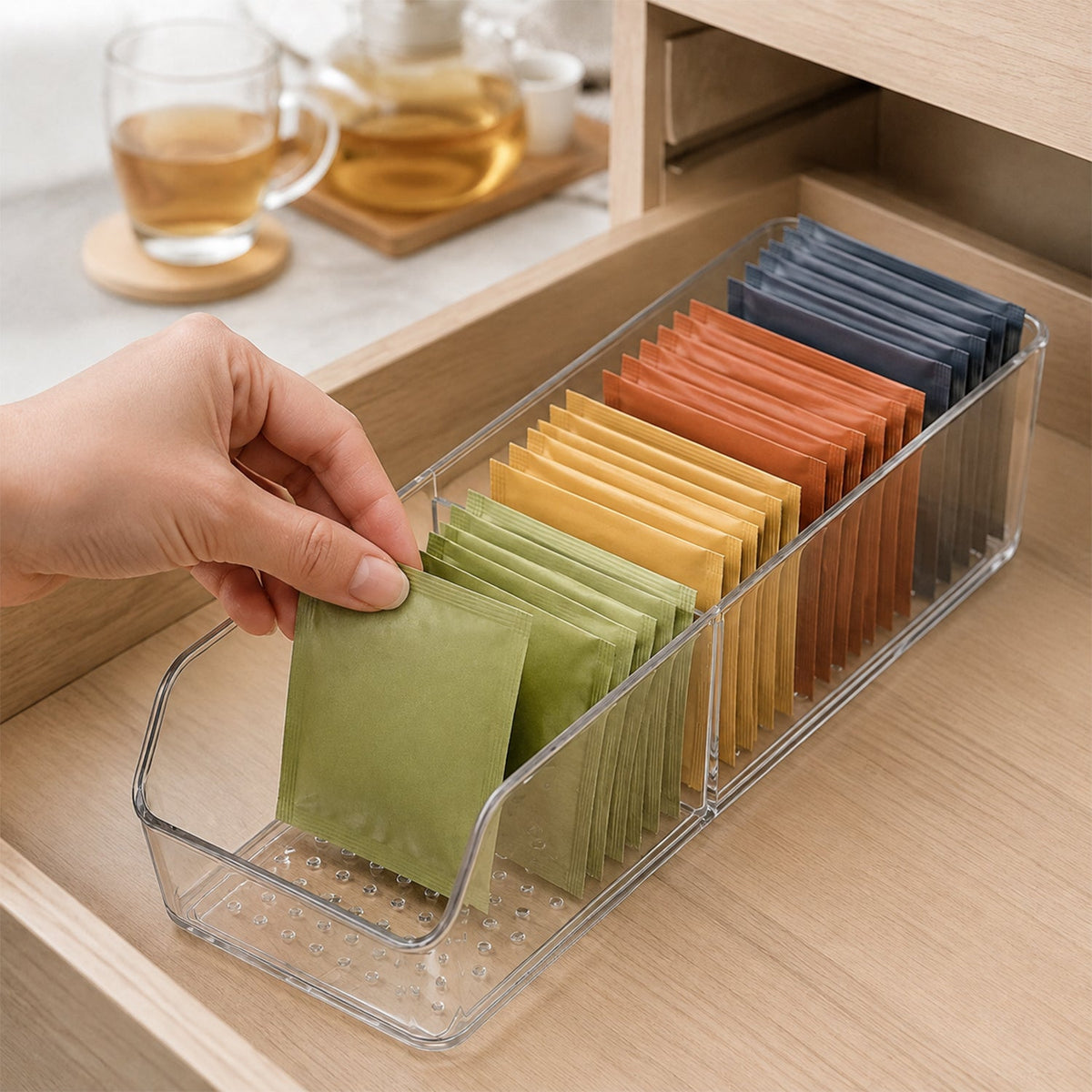 Clear plastic storage organizer box with dividers by Wukusy, ideal for kitchen organization and drawer sorting.