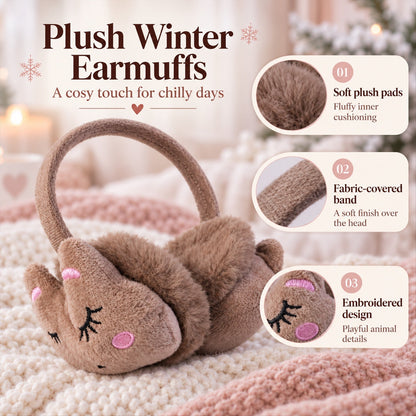 Wukusy plush winter ear muffs with cute animal face designs in assorted colors, soft and warm for cold weather.
