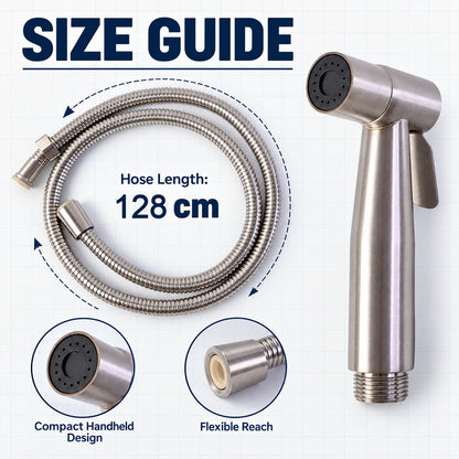 Wukusy handheld health faucet toilet jet spray with hose and wall holder, showing the chrome finish and ergonomic design.