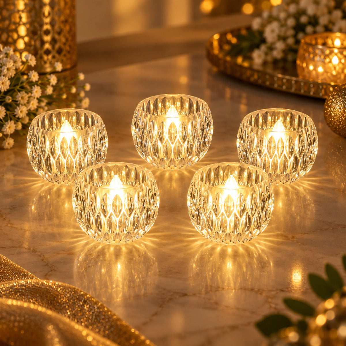 Wukusy crystal style LED decorative candles, 5-piece set for festive tabletop decor