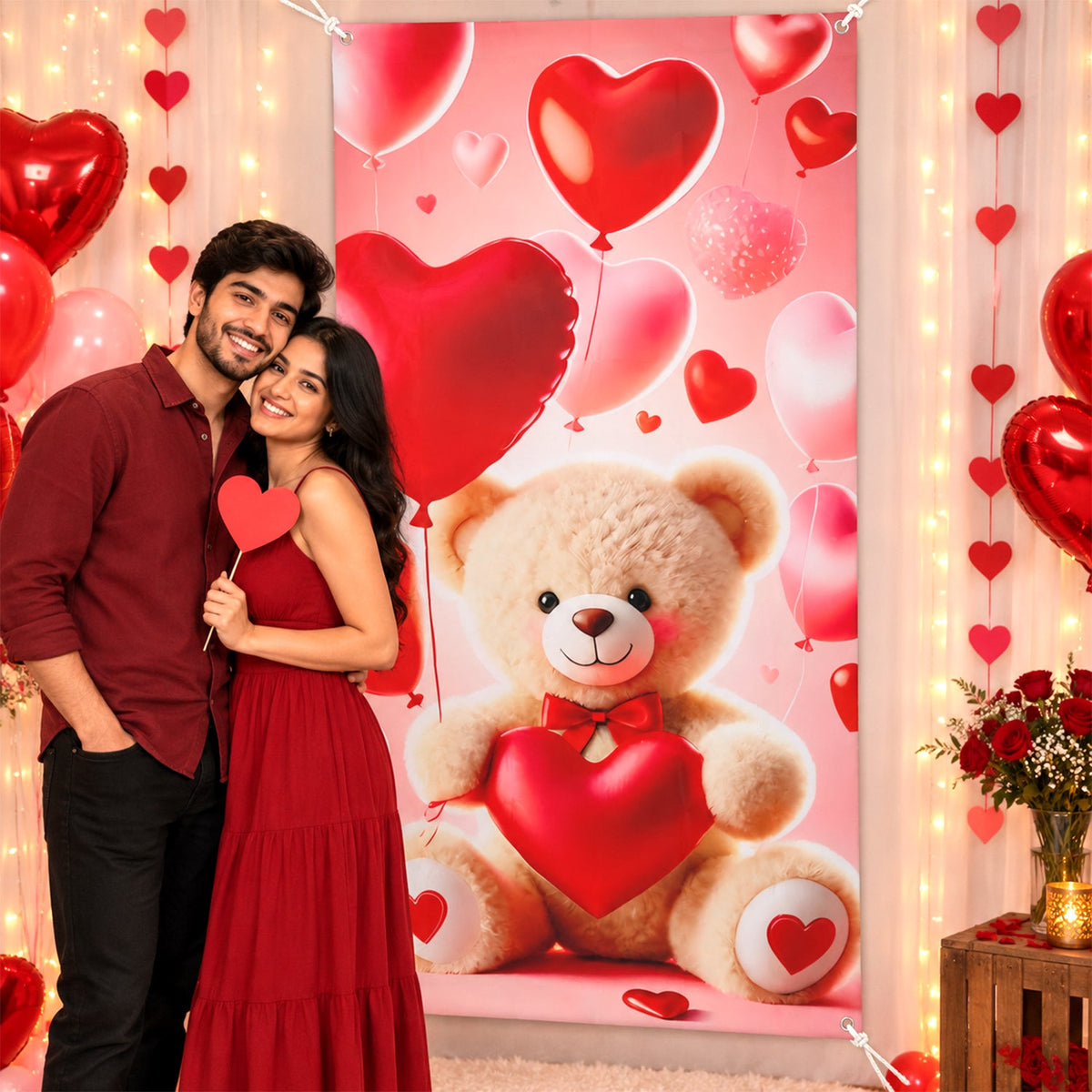 Wukusy teddy bear and heart backdrop curtain for romantic party decoration, 210x100 cm, featuring plush teddy bear and heart design.