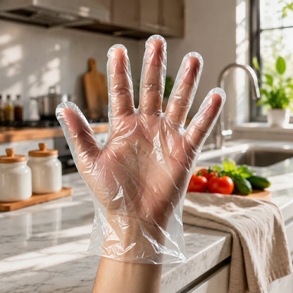 Disposable small plastic gloves by Wukusy for kitchen food handling and cleaning, shown in a box with gloves ready for use.