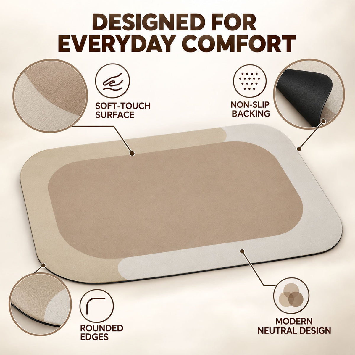 Wukusy decorative bathroom floor mat with soft top surface and border, 59x40 cm, showing plush, absorbent texture and stylish design