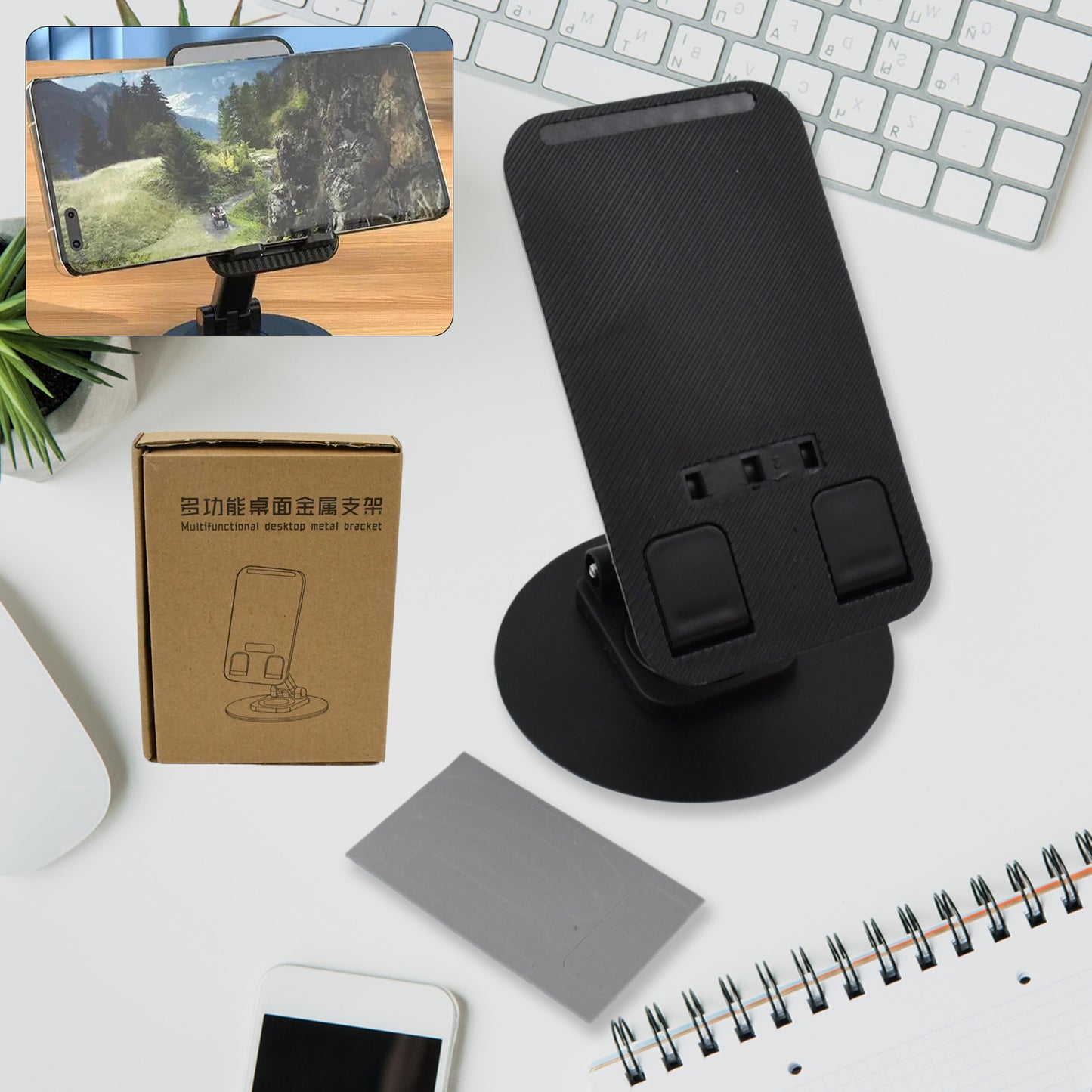 Wukusy mobile phone holder stand with rotating, foldable design, adjustable height and angle, suitable for all smartphones on a desk.