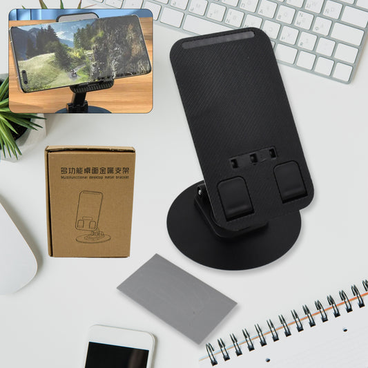 Wukusy mobile phone holder stand with rotating, foldable design, adjustable height and angle, suitable for all smartphones on a desk.
