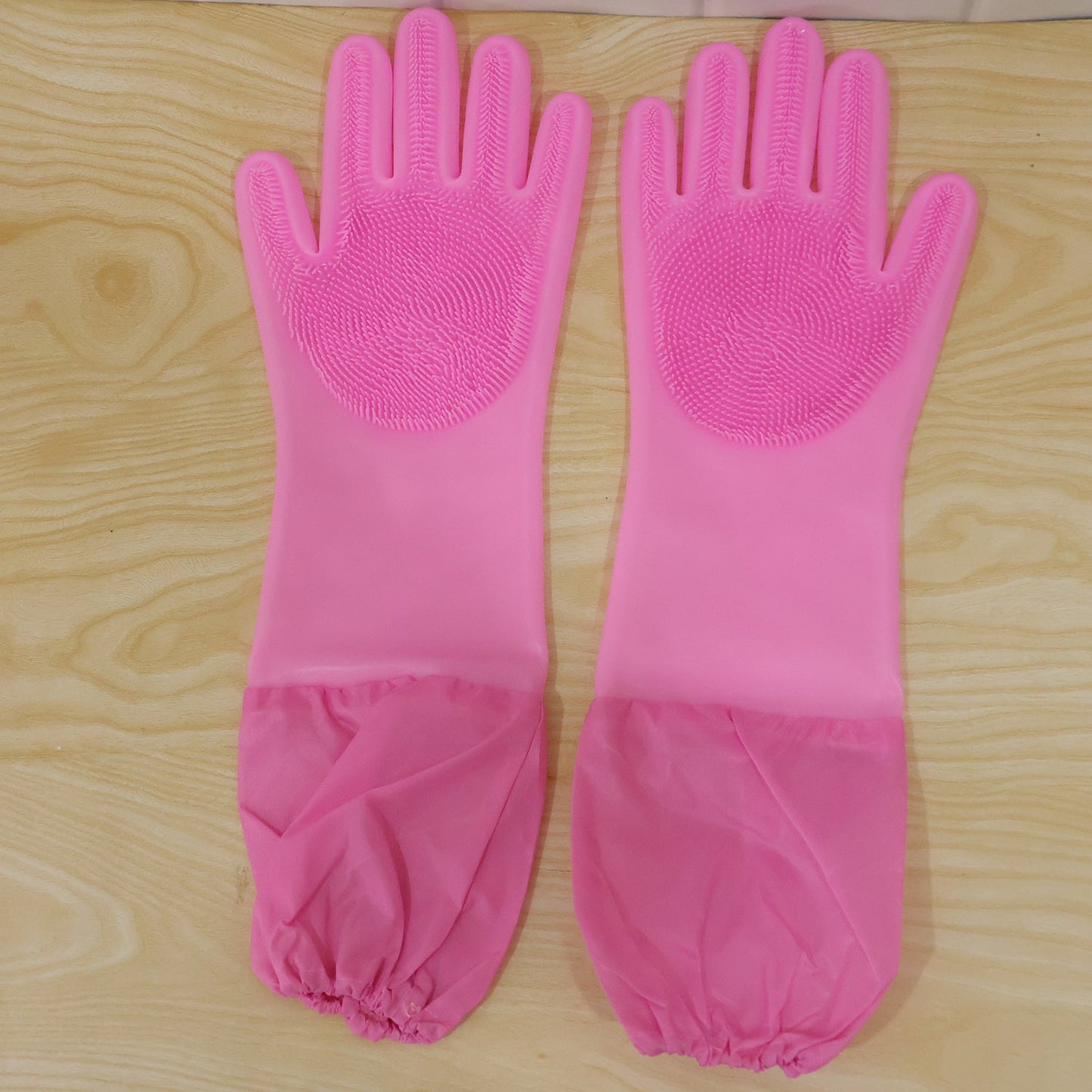Long Cuff Silicone Scrubber Cleaning Gloves For Kitchen And Home Use (1 Pair Set)