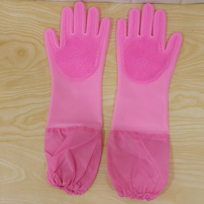 Long Cuff Silicone Scrubber Cleaning Gloves For Kitchen And Home Use (1 Pair Set)