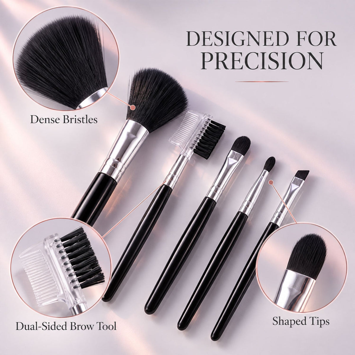 Wukusy 5-piece mini makeup brush set with face, eye, brow, and lip brushes in a compact case, ideal for on-the-go beauty.