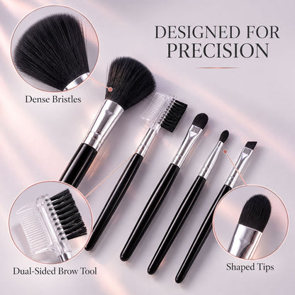 Wukusy 5-piece mini makeup brush set with face, eye, brow, and lip brushes in a compact case, ideal for on-the-go beauty.