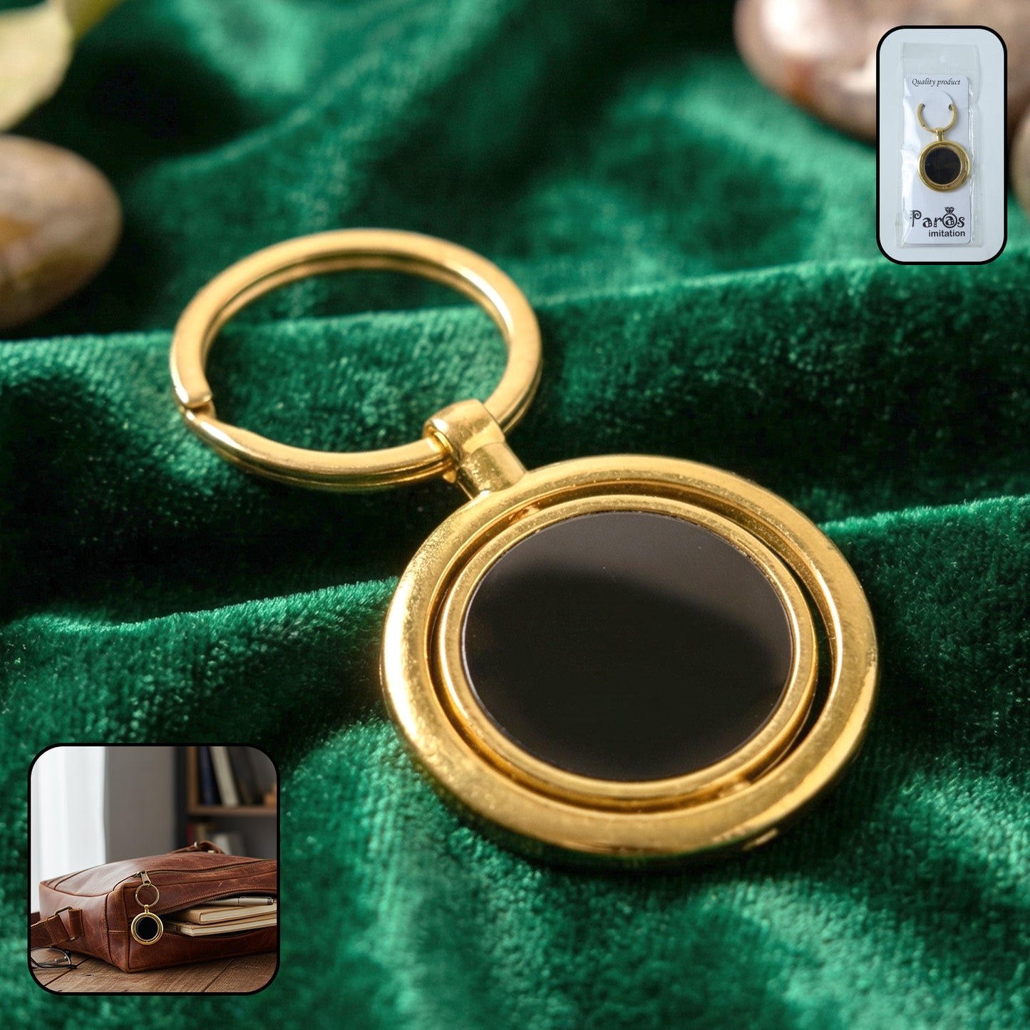 Gold plated keychain with black round rotating pendant, featuring the Wukusy brand logo and stylish design.
