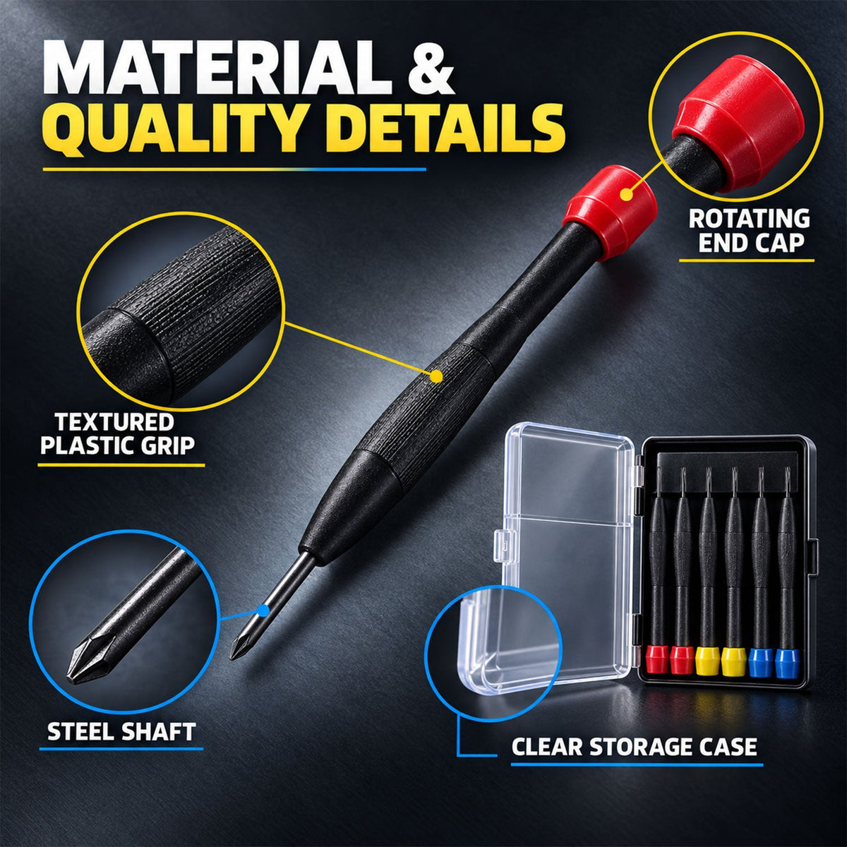 Wukusy six-piece precision screwdriver hand tool kit with small screwdrivers for electronics and detailed repairs.