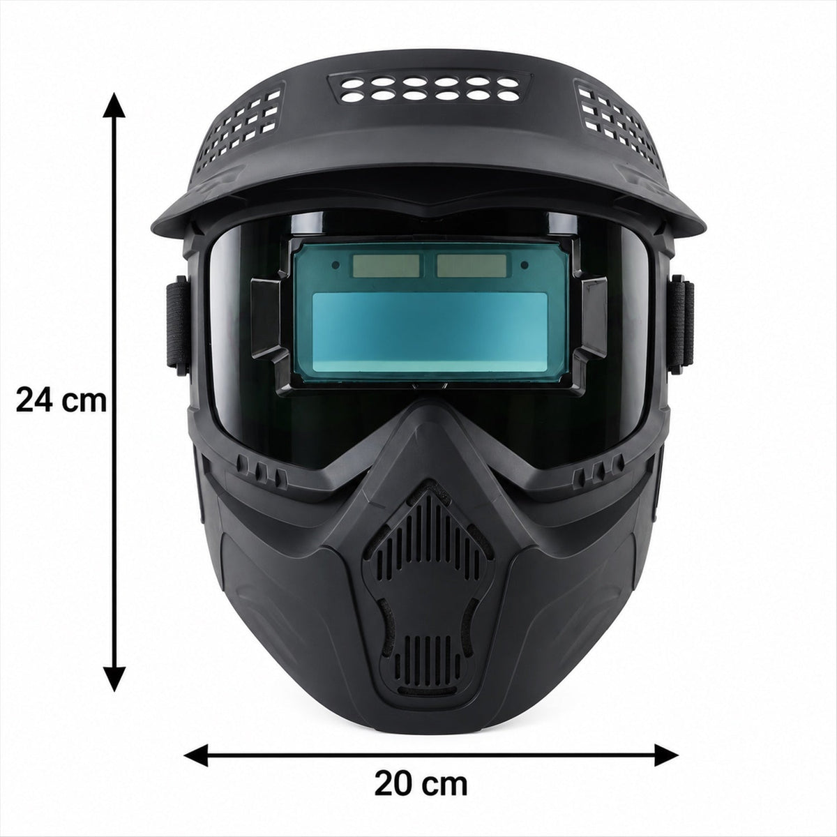 Wukusy automatic dimming welding mask with solar-powered filter, showing adjustable headgear and viewing window, on a plain background.