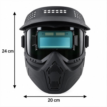 Wukusy automatic dimming welding mask with solar-powered filter, showing adjustable headgear and viewing window, on a plain background.