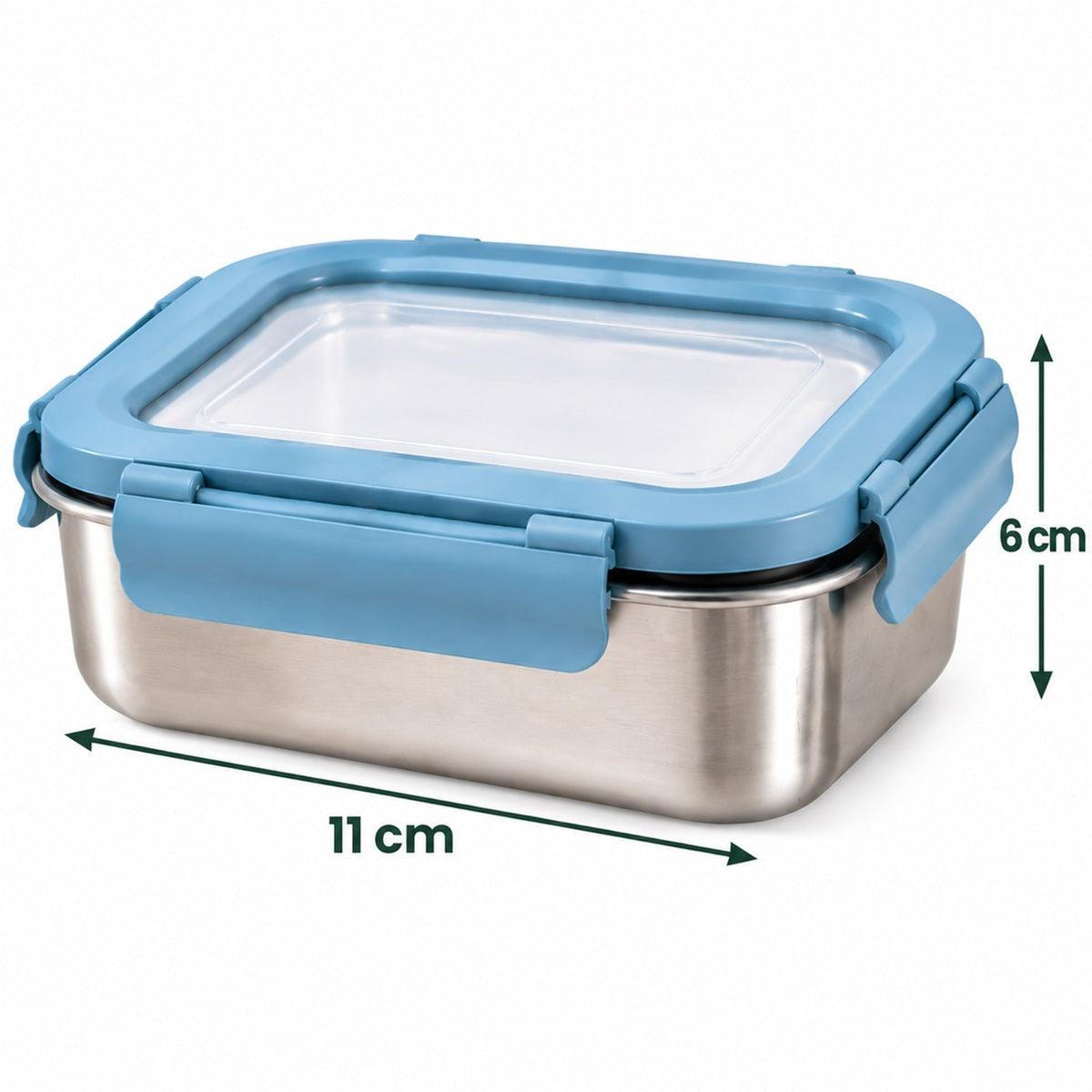 Wukusy Apex Square Steel Food Container with 300ml capacity and clip lock lid for lunch storage, shown with closed lid.